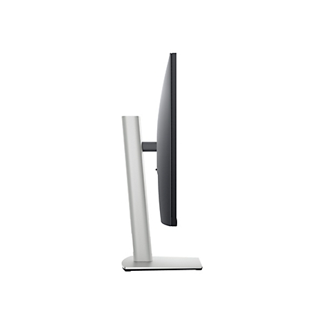 Seitenansicht eines schlanken, modernen Monitors auf weißem Hintergrund. Der Monitor hat eine dünne, schwarze Blende und einen silberfarbenen Ständer.