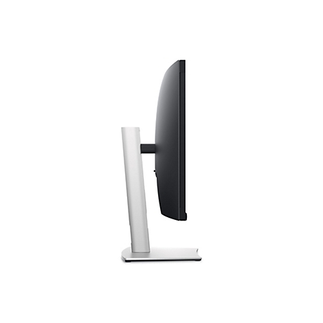 Seitenansicht eines schwarzen Monitors mit silbernem Standfuß, der auf weißem Hintergrund steht.