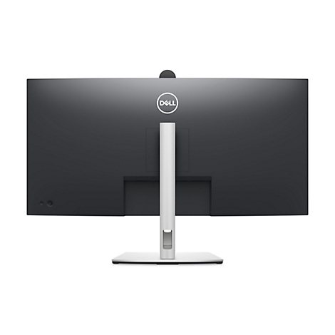 Rückansicht eines schwarzen Dell-Monitors mit weißem Ständer und Dell-Logo. Zwei Knöpfe sind unten links zu sehen.