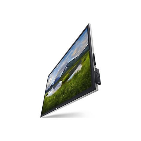 Ein großer Fernseher mit schwarzem Rahmen, dessen Bildschirm eine Berglandschaft zeigt. Eine Fernbedienung ist befestigt.