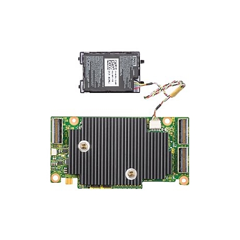 Eine grüne Computerplatine mit großem schwarzen Kühlkörper und einem per Kabel verbundenen Dell-Akku.