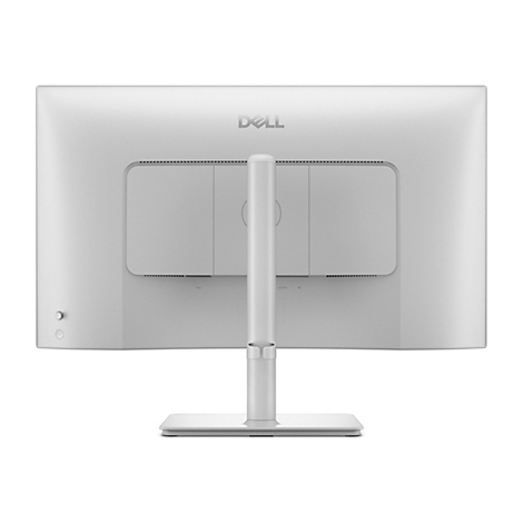 Rückseite eines weißen Dell Monitors mit Standfuß. Oberhalb der rechteckigen Aussparungen ist das Dell Logo zu sehen.