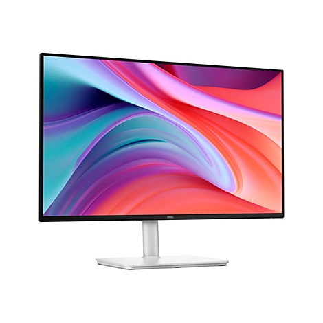 Dell Monitor mit schmalem Rahmen auf hellem Standfuß, zeigt abstrakte, geschwungene Farben in Rot und Blau.