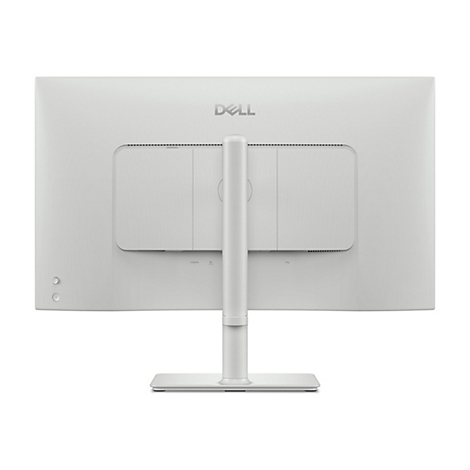 Rückseite eines weißen Dell Monitors. Das Dell-Logo ist oben zentriert. Anschlüsse und Halterung sind ebenfalls zu sehen.