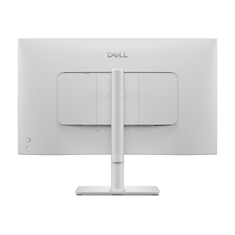Rückseite eines weißen Dell-Monitors. Ein Standfuß ist zu sehen, das Logo steht oben.