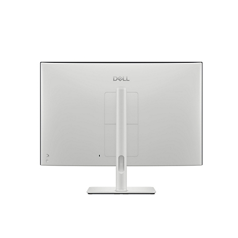 Rückansicht eines weißen Dell Monitors mit Standfuß, der auf weißem Hintergrund steht. Oben steht das Dell-Logo.