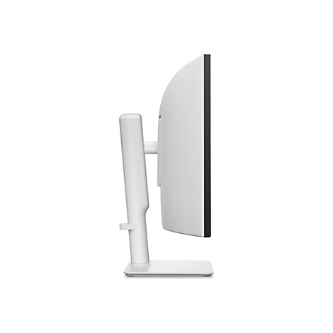 Seitenansicht eines weißen Monitors mit Standfuß. Schwarzer Rahmen, gebogene Form.