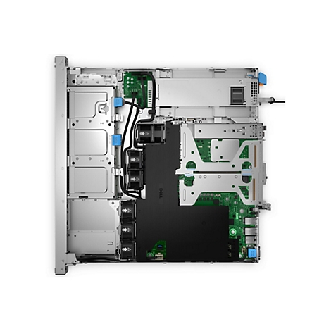 Draufsicht auf Serverkomponenten; Metall- und grüne Leiterplatten-Komponenten; Dell-Logo unten.