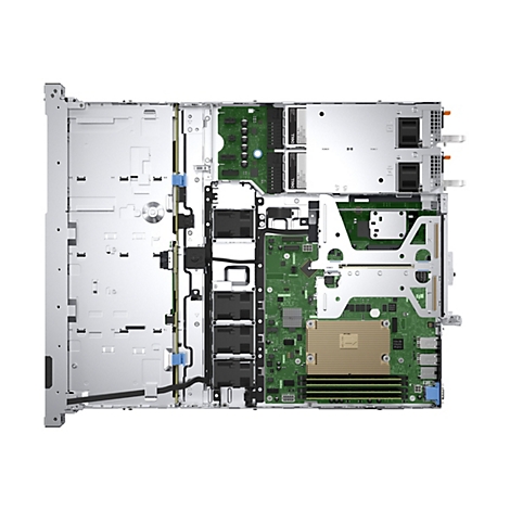 Draufsicht auf das geöffnete Gehäuse eines Dell Rack-Servers mit sichtbaren Komponenten und Platinen.