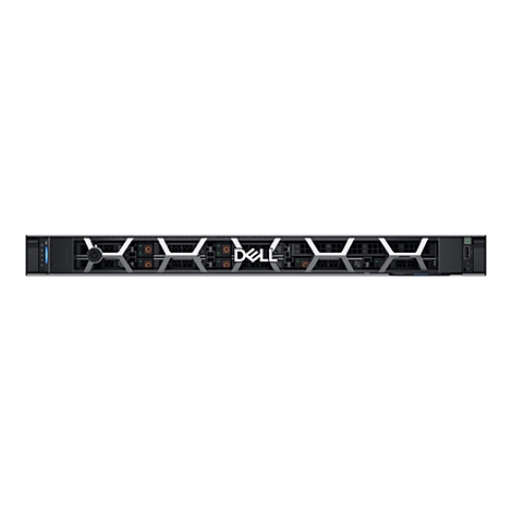 Vorderansicht eines Dell Rack-Servers mit silbernem Gittermuster und mittigem Dell-Logo auf schwarzem Hintergrund.