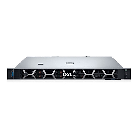 Ein grauer Server, Frontansicht, mit Dell-Logo. Das Gerät hat ein geometrisches Design mit Belüftungsschlitzen.