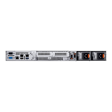 Rückansicht eines silberfarbenen Servers mit Anschlüssen, Lüftungsschlitzen und Netzteilen. Aufschrift "600W".