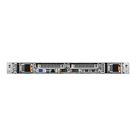 Rückansicht eines silbernen Servers mit Anschlüssen, Lüftern und zwei Netzteilen vor weißem Hintergrund.