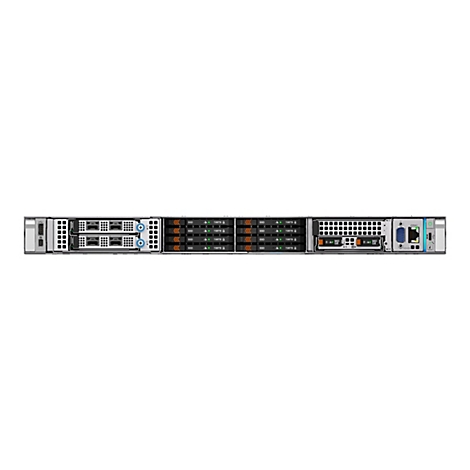 Frontansicht eines Rack-Servers mit mehreren installierten SSD-Laufwerken und verschiedenen Anschlüssen.