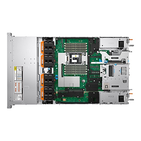 Draufsicht auf das offene Gehäuse eines Servers mit sichtbarem Mainboard, Arbeitsspeicher, Prozessorkühlern und Riser-Karten.