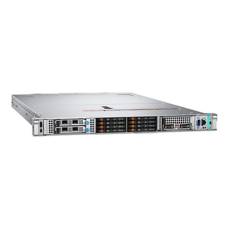 Silberner Rack-Server mit mehreren SSD-Laufwerkseinschüben und Anschlüssen an der Vorderseite.