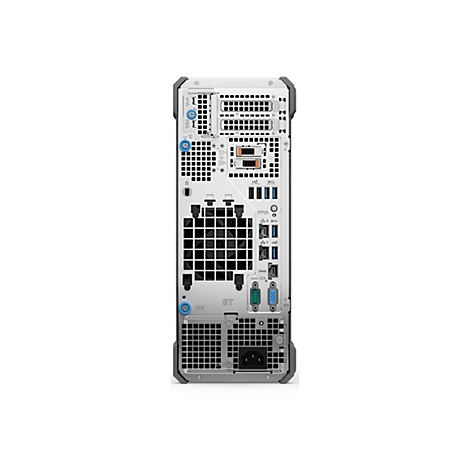 Rückseite eines silbernen Computers. Es sind verschiedene Anschlüsse, Lüftungsschlitze und Schrauben zu sehen.