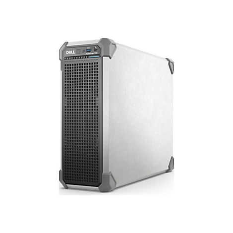 Ein grauer Dell PowerEdge T160 Server vor weißem Hintergrund. Vorne hat es eine perforierte schwarze Platte. Das Dell-Logo ist oben links.