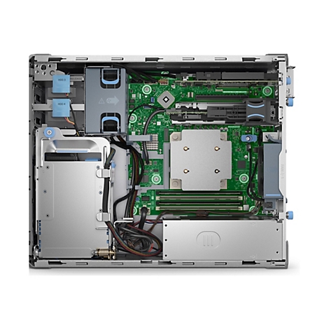 Draufsicht auf den offenen Computer-Tower mit Hardware-Komponenten: grüne Platine, silberne Gehäuse, blaue Halterungen.