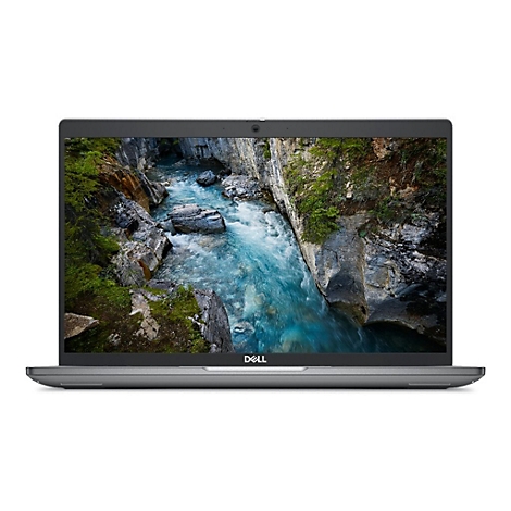 Grauer Laptop mit offenem Display. Auf dem Bildschirm ein Bild eines Flusses in einer Schlucht mit Felsen und Vegetation.