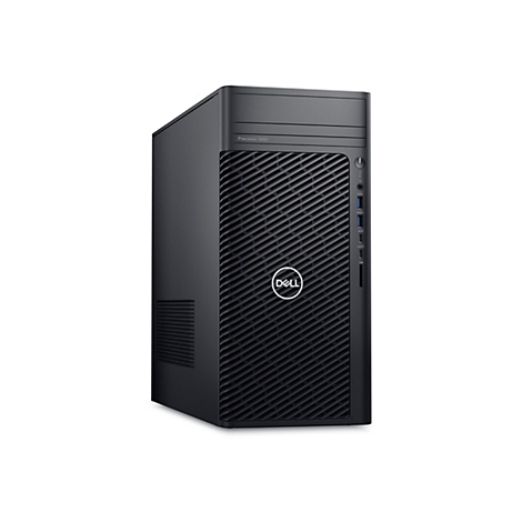Schwarzer Dell Precision 3660 Tower-PC vor weißem Hintergrund. Auf der Vorderseite das Dell-Logo und Anschlüsse.