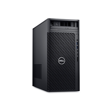 Schwarzer Dell Precision 3660 Tower-PC, Frontansicht, auf weißem Hintergrund.