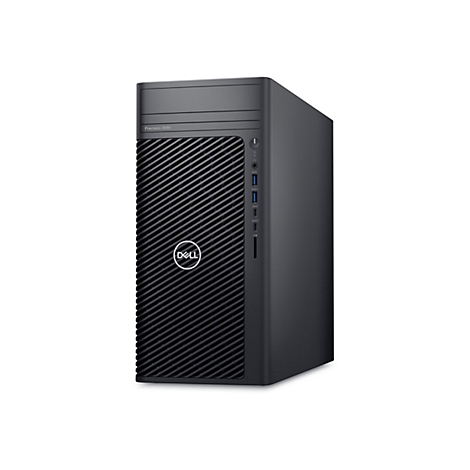 Schwarzer Dell Precision 3660 Tower-PC auf weißem Hintergrund. Der PC hat eine schwarze, geriffelte Front, das Dell-Logo und Ports.