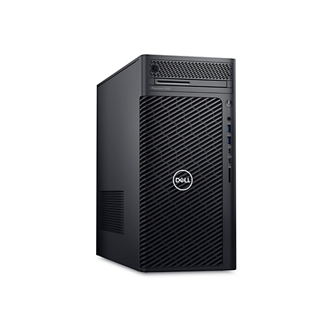 Schwarzer Dell Precision 3660 Tower-PC mit Frontblende und Dell-Logo. Anschlüsse sind an der Frontseite.