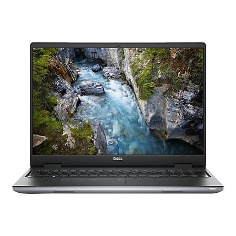 Ein schwarzer Laptop mit einem Wasserfall-Bildschirmhintergrund. Unten steht das Dell-Logo.