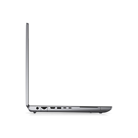 Ein grauer Laptop von der Seite gesehen. Die Kanten sind abgerundet. Auf der Unterseite sind mehrere AnschlÃ¼sse.