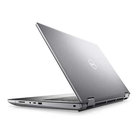 Grauer Laptop mit geÃ¶ffnetem Deckel, das Dell Logo ist zu sehen.
