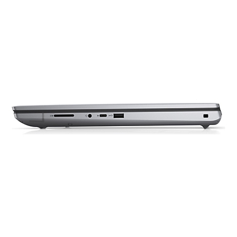 Seitliche Ansicht eines silbernen Laptops mit AnschlÃ¼ssen: SD-Kartenleser, KopfhÃ¶rer, USB-Anschluss. WeiÃŸer Hintergrund.