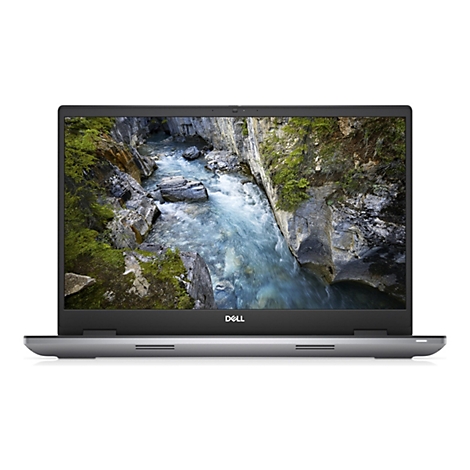 Ein grauer Laptop mit dem Bildschirm, der ein Landschaftsbild zeigt. Darunter steht DELL.