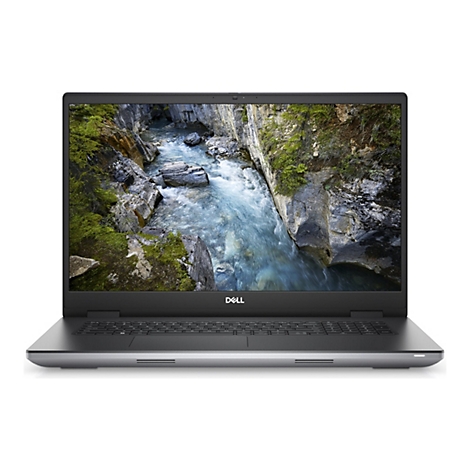Ein grauer Laptop der Marke Dell, auf dem Bildschirm ein Fluss in einer Schlucht, vor weiÃŸem Hintergrund.