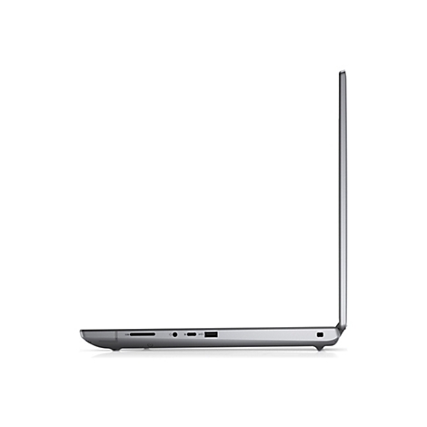 Graues Laptop-Profil, Seitenansicht. GeÃ¶ffneter Bildschirm, Ports an der Seite.