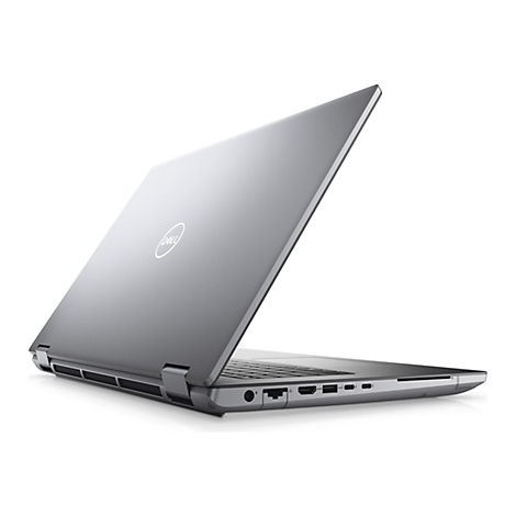 Ein silberfarbener Laptop mit geÃ¶ffnetem Deckel, auf weiÃŸem Hintergrund. Das Dell-Logo ist auf dem Deckel zu sehen.