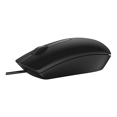 Souris d'ordinateur noire avec câble. Plan rapproché de la molette et des boutons latéraux.