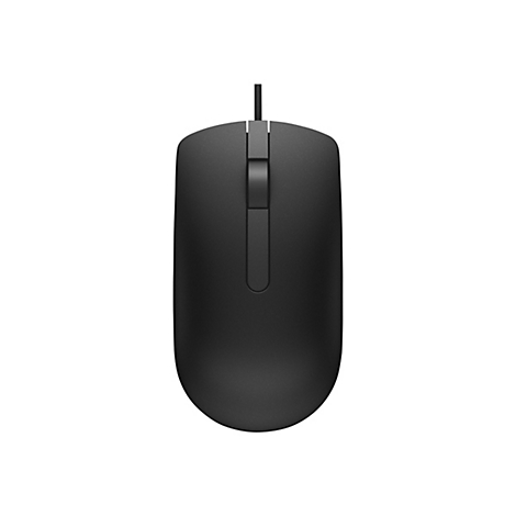 Souris d'ordinateur noire, connexion filaire, vue de dessus.