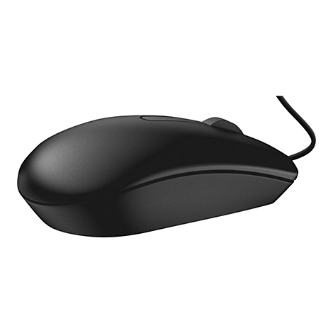 Souris d'ordinateur noire, connexion par câble, fond blanc. La souris a deux boutons et une molette.