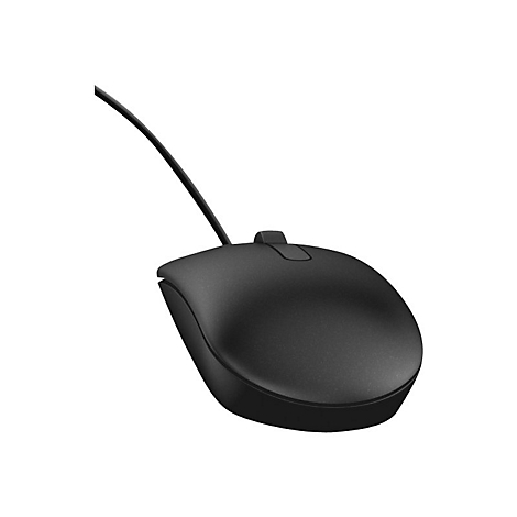 Souris d'ordinateur noire avec câble, vue de détail sur fond blanc.