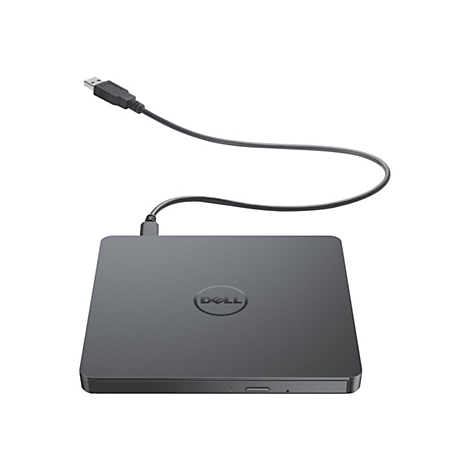 Lecteur DVD externe gris foncé avec câble USB. Le logo Dell est sur le lecteur.
