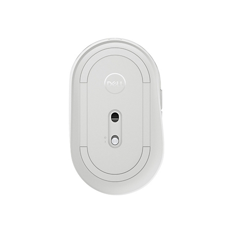 Draufsicht auf eine weiße Dell-Maus, Unterseite. Sichtbar sind: Sensor, Ein-/Ausschalter, Logo.