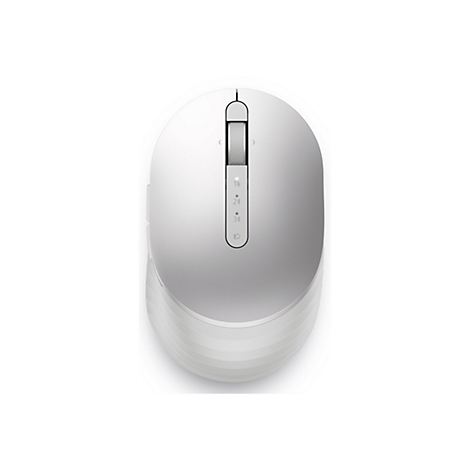 Vue de dessus d'une souris d'ordinateur argentÃ©e et moderne. Elle possÃ¨de une molette de dÃ©filement et des boutons sur le dessus.