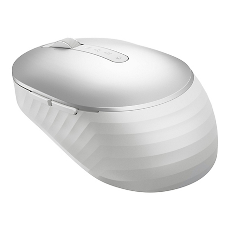 Souris blanche sans fil avec dessus argentÃ©. Le dessous est nervurÃ©, avec deux boutons et une molette de dÃ©filement.