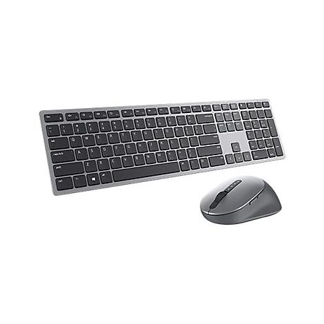 Drahtlose Tastatur und Maus in Grau, schwarze Tasten. Auf weißem Hintergrund.