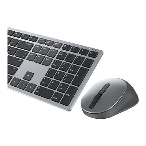 Draufsicht auf kabellose Tastatur und Maus in Grau. Die Tastatur hat schwarze Tasten mit weißen Beschriftungen. Die Maus hat drei Tasten.