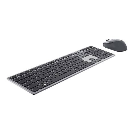 Drahtlose Tastatur und Maus auf weißem Hintergrund, Tastatur mit schwarzen Tasten, Maus grau.