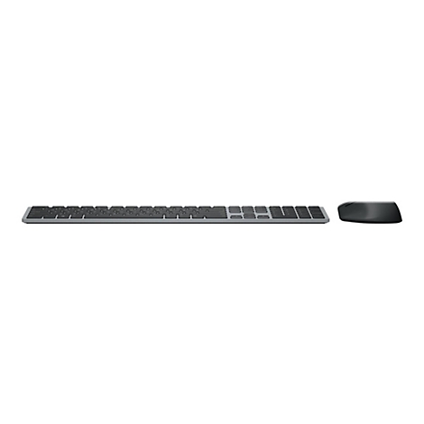 Draufsicht auf ein drahtloses Tastatur-Maus-Set. Die Tastatur ist flach und grau, die Maus ist abgerundet und schwarz.