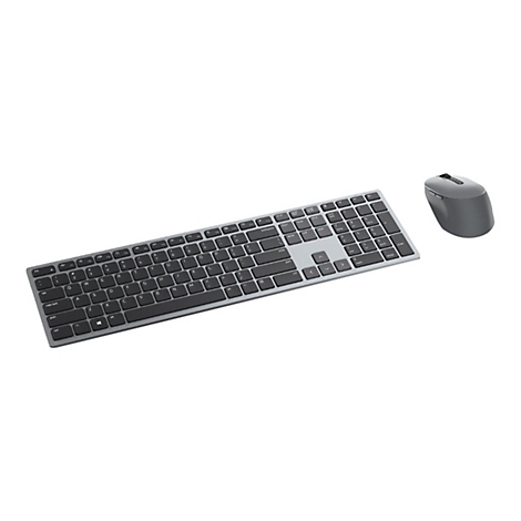Draufsicht auf kabellose Tastatur und Maus in Grau vor weißem Hintergrund.