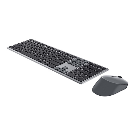 Draufsicht auf kabellose Tastatur und Maus in Grau, vor weißem Hintergrund.